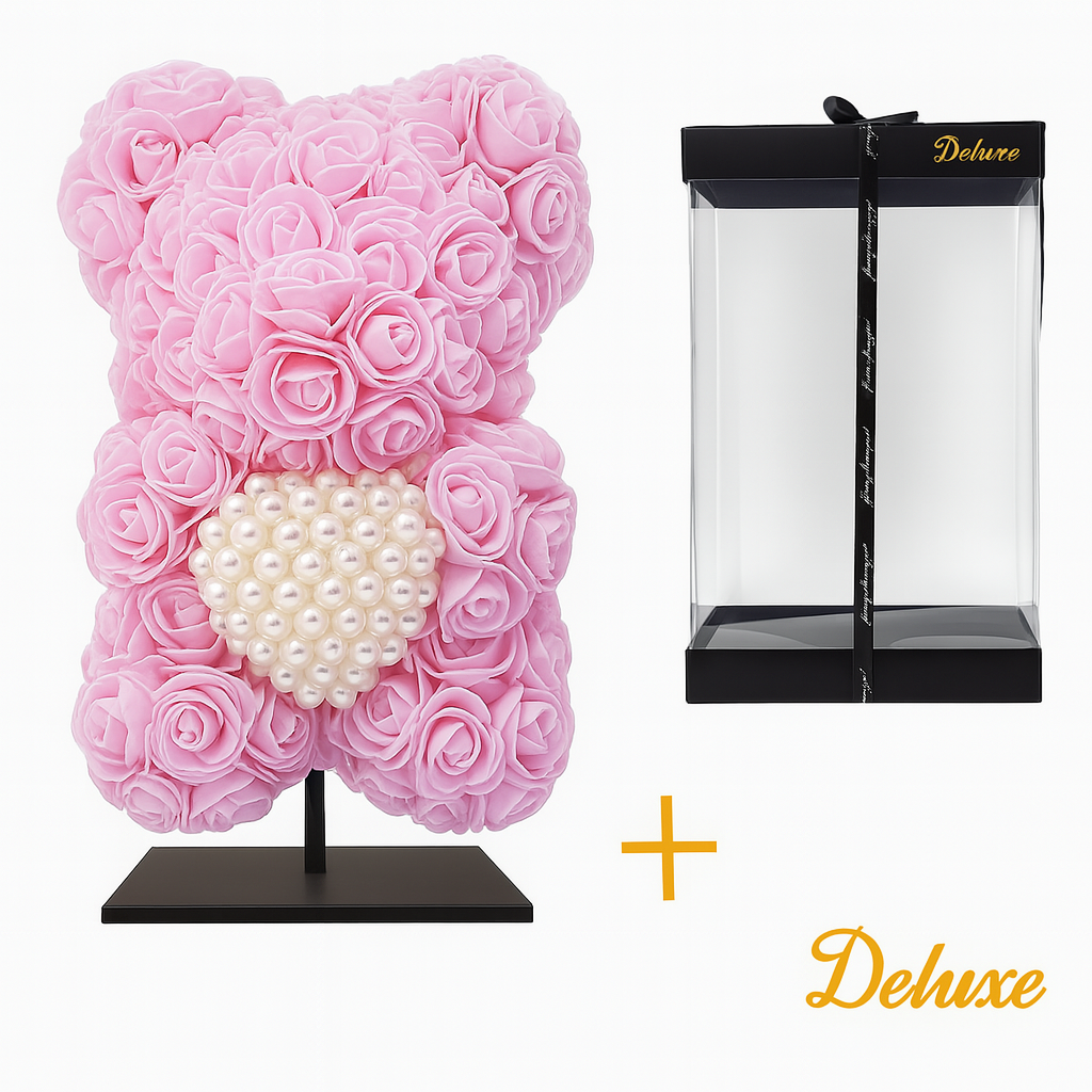 Beer DELUXE op standaard 25cm - lichtroze foam met diamanten hart - in luxe cadeauverpakking 25 cm