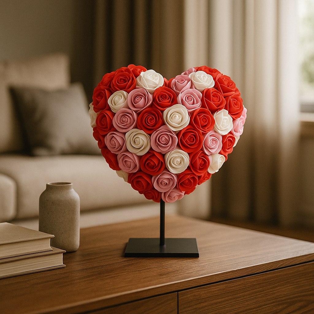 Hart DELUXE op standaard 25cm - Gemixt rood, roze en wit foam - in luxe Cadeauverpakking 25 cm