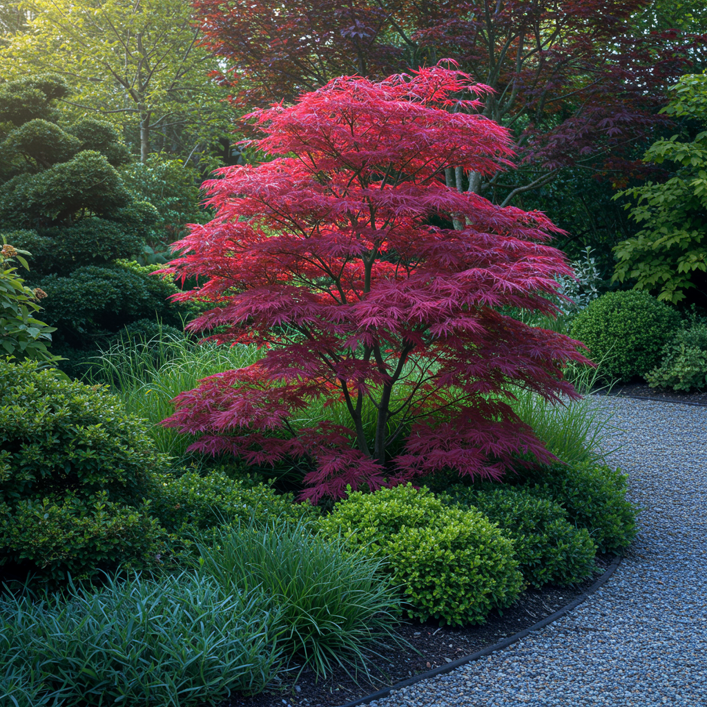 Green boutiQ - Terrasplant - Japanse Esdoorn - Acer palmatum Atropurpureum - Paars - 1 Plant - Bladverliezend - Pot 19cm Hoogte 70cm