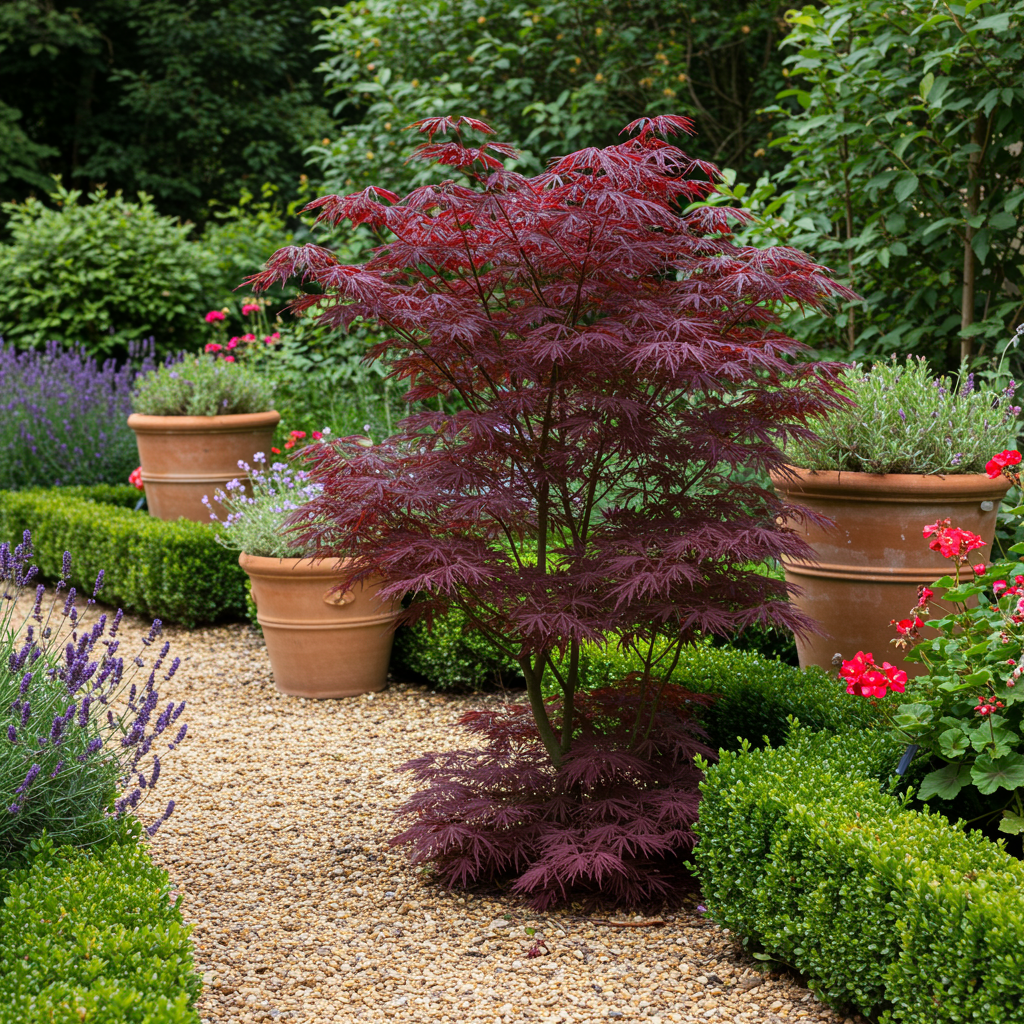 Green boutiQ - Terrasplant - Japanse Esdoorn - Acer palmatum Bloodgood - Rood - 1 Plant - Bladverliezend - Pot 19cm Hoogte 70cm