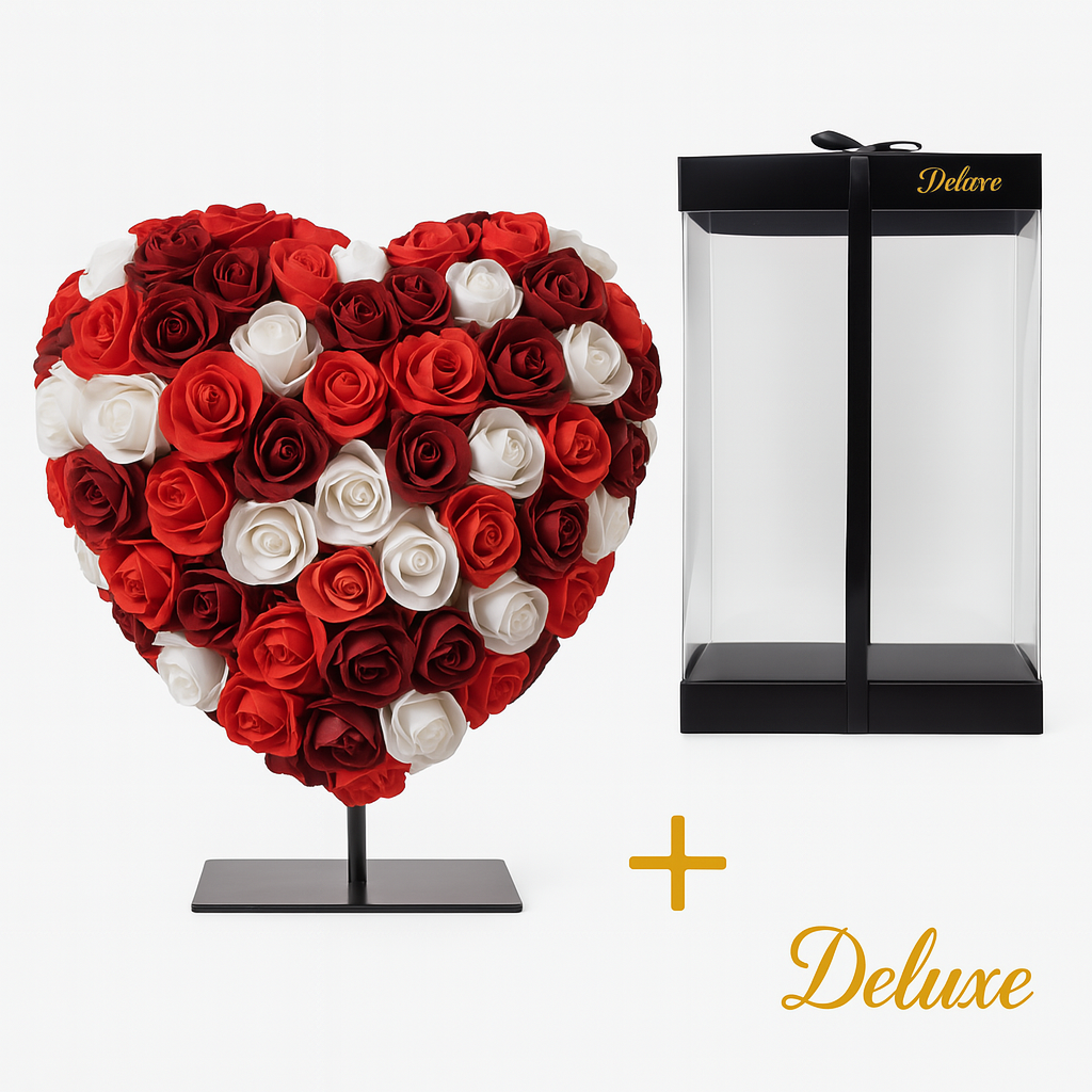 Hart DELUXE op standaard 25cm - Gemixt rood, bordeaux en wit foam - in luxe Cadeauverpakking 25 cm