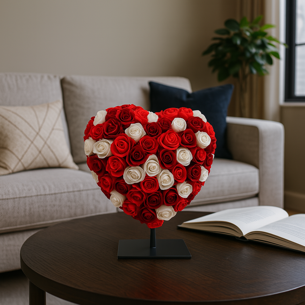 Hart DELUXE op standaard 25cm - Gemixt rood, bordeaux en wit foam - in luxe Cadeauverpakking 25 cm