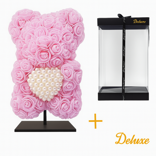Beer DELUXE op standaard 25cm - lichtroze foam met diamanten hart - in luxe cadeauverpakking 25 cm