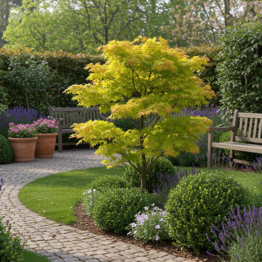 Green boutiQ - Terrasplant - Japanse Esdoorn - Acer palmatum Jordan - Geel - 1 Plant - Bladverliezend - Pot 19cm Hoogte 70cm