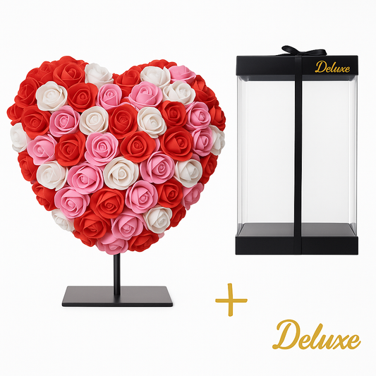 Hart DELUXE op standaard 25cm - Gemixt rood, roze en wit foam - in luxe Cadeauverpakking 25 cm